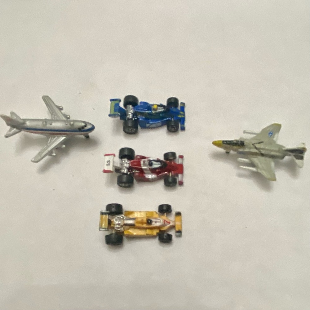Vintage,  Lot of 5 Miniature 1.25-inch Airplanes and Racing Cars (G)